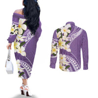 Aloha Hawaii Festive Couples Matching Off The Shoulder Long Sleeve Dress and Long Sleeve Button Shirt Frangipani Lace Classic - Lavender LT7 - Polynesian Pride