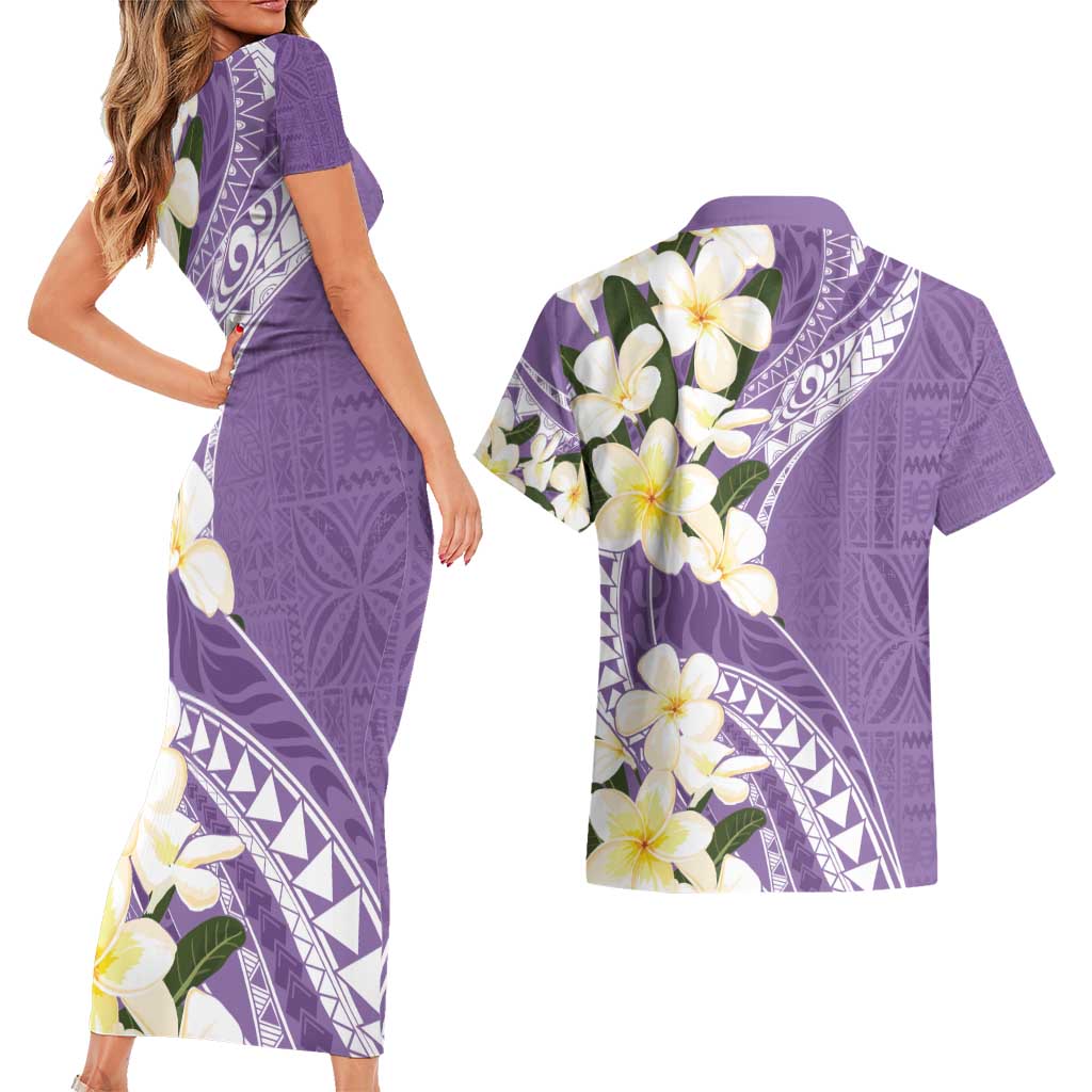 Aloha Hawaii Festive Couples Matching Short Sleeve Bodycon Dress and Hawaiian Shirt Frangipani Lace Classic - Lavender LT7 - Polynesian Pride