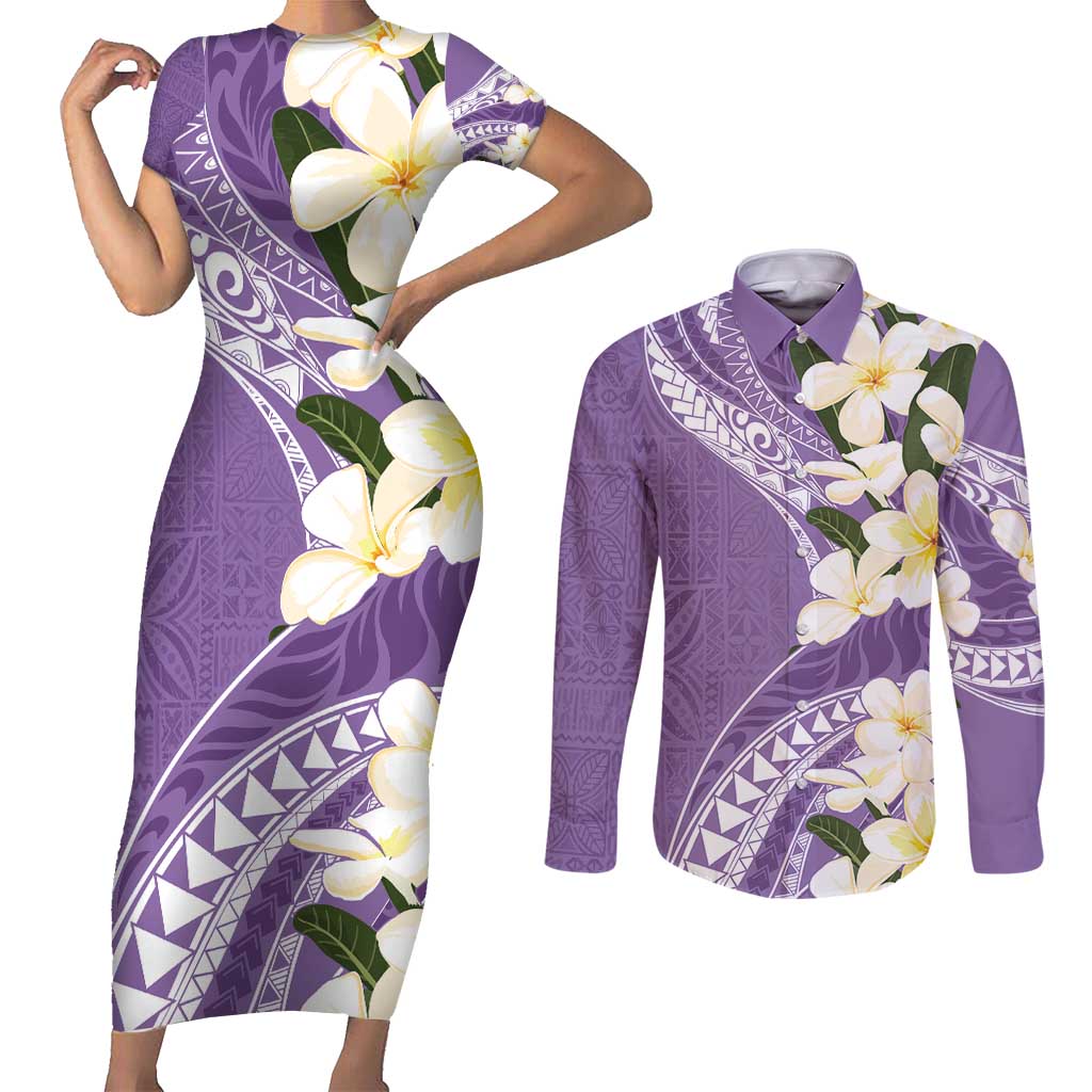 Aloha Hawaii Festive Couples Matching Short Sleeve Bodycon Dress and Long Sleeve Button Shirt Frangipani Lace Classic - Lavender