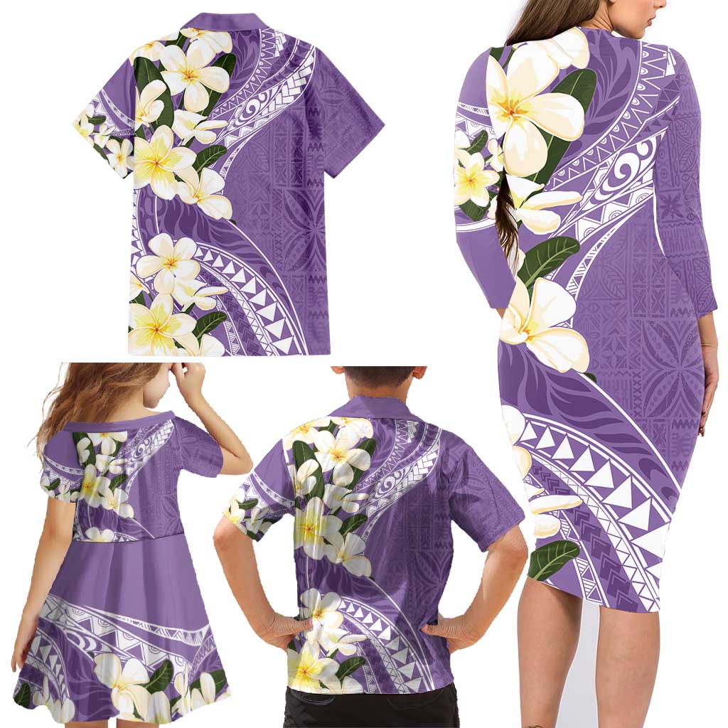 Aloha Hawaii Festive Family Matching Long Sleeve Bodycon Dress and Hawaiian Shirt Frangipani Lace Classic - Lavender LT7 - Polynesian Pride