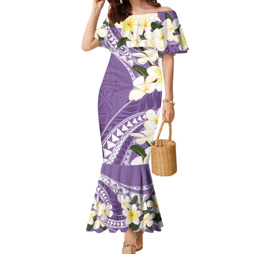 Aloha Hawaii Festive Family Matching Mermaid Dress and Hawaiian Shirt Frangipani Lace Classic - Lavender LT7 Mom's Dress Lavender - Polynesian Pride