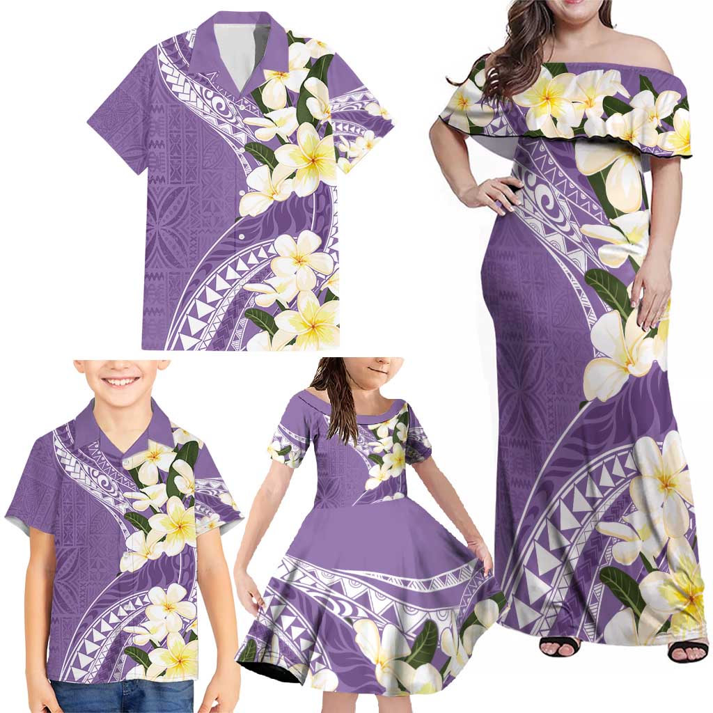 Aloha Hawaii Festive Family Matching Off Shoulder Maxi Dress and Hawaiian Shirt Frangipani Lace Classic - Lavender LT7 - Polynesian Pride
