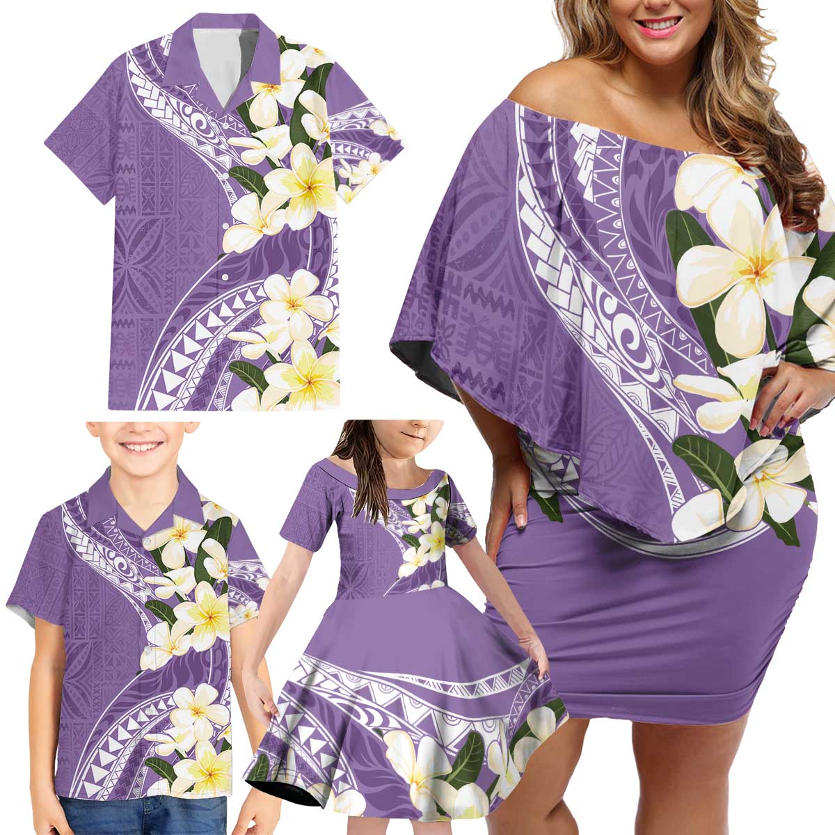 Aloha Hawaii Festive Family Matching Off Shoulder Short Dress and Hawaiian Shirt Frangipani Lace Classic - Lavender