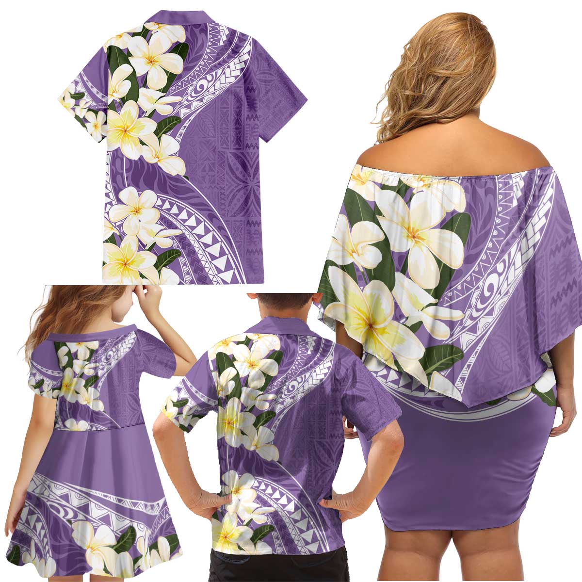 Aloha Hawaii Festive Family Matching Off Shoulder Short Dress and Hawaiian Shirt Frangipani Lace Classic - Lavender