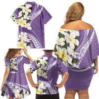 Aloha Hawaii Festive Family Matching Off Shoulder Short Dress and Hawaiian Shirt Frangipani Lace Classic - Lavender