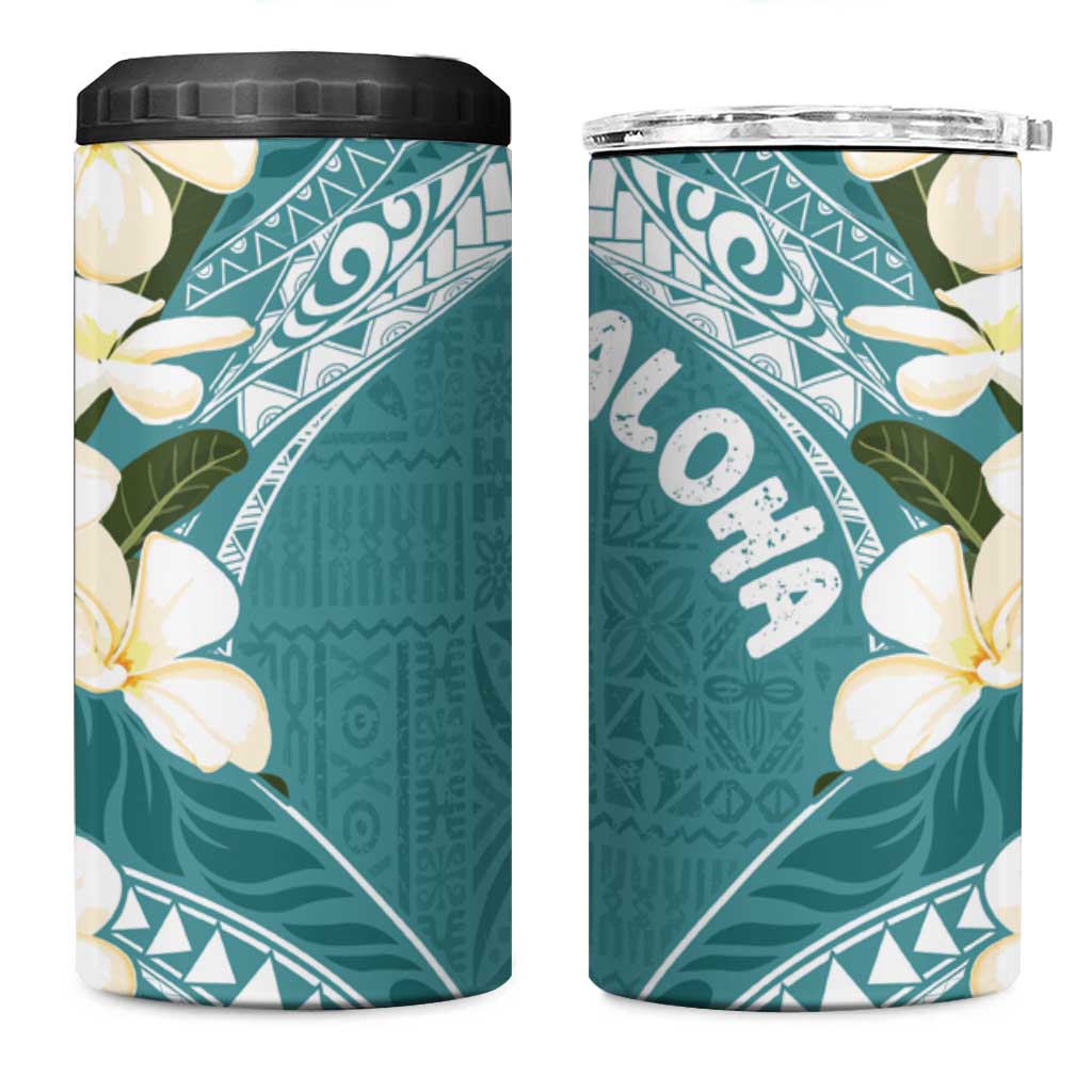 Aloha Hawaii Festive 4 in 1 Can Cooler Tumbler Frangipani Lace Classic - Teal