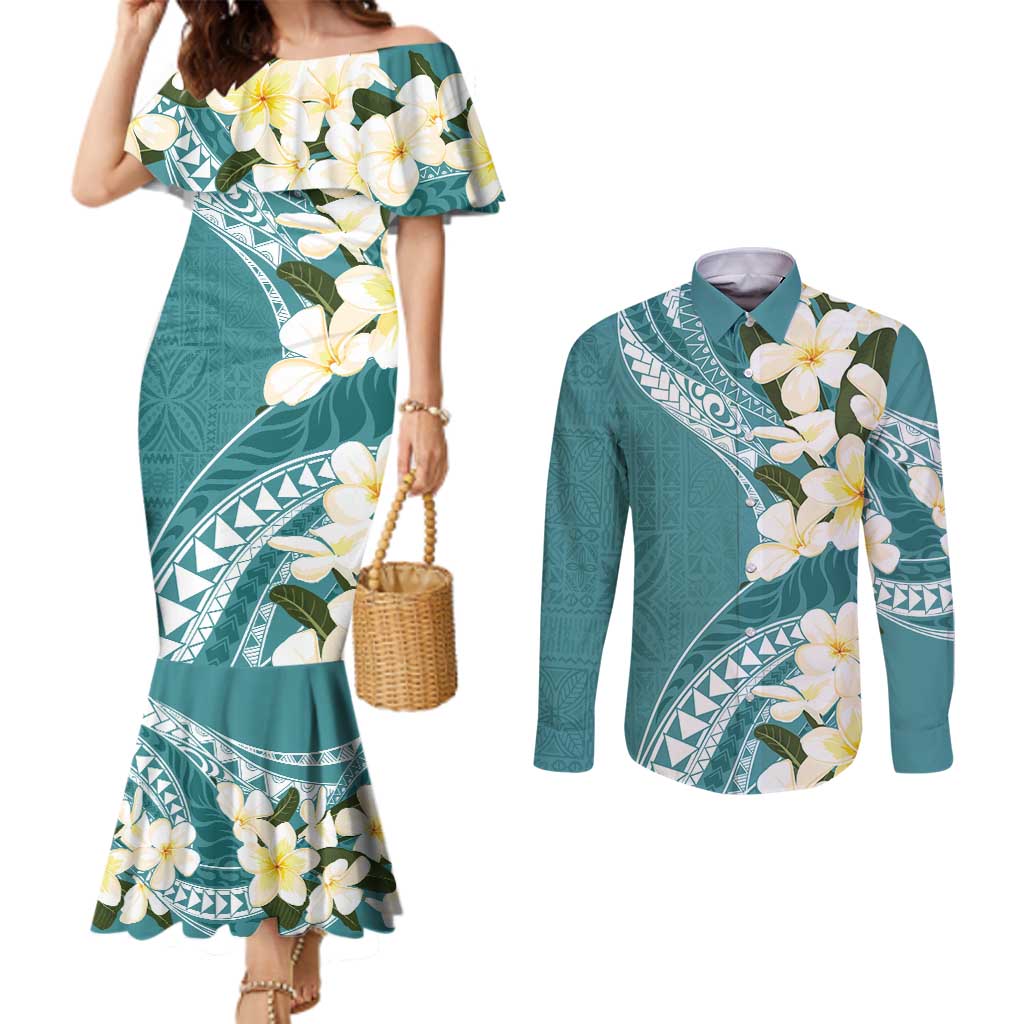 Aloha Hawaii Festive Couples Matching Mermaid Dress and Long Sleeve Button Shirt Frangipani Lace Classic - Teal LT7 Teal - Polynesian Pride