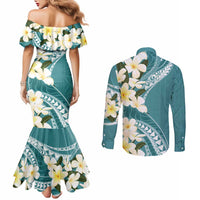 Aloha Hawaii Festive Couples Matching Mermaid Dress and Long Sleeve Button Shirt Frangipani Lace Classic - Teal LT7 - Polynesian Pride