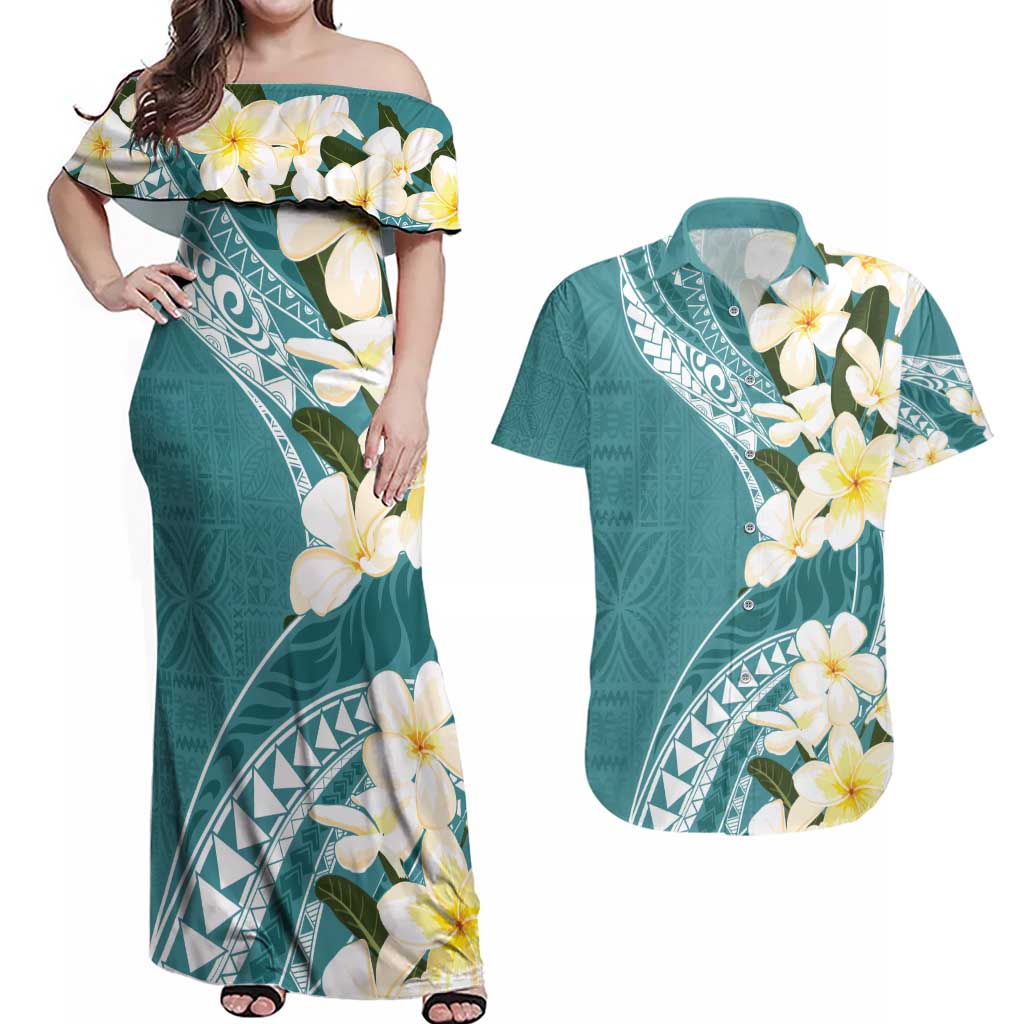 Aloha Hawaii Festive Couples Matching Off Shoulder Maxi Dress and Hawaiian Shirt Frangipani Lace Classic - Teal