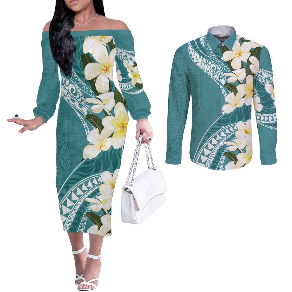 Aloha Hawaii Festive Couples Matching Off The Shoulder Long Sleeve Dress and Long Sleeve Button Shirt Frangipani Lace Classic - Teal