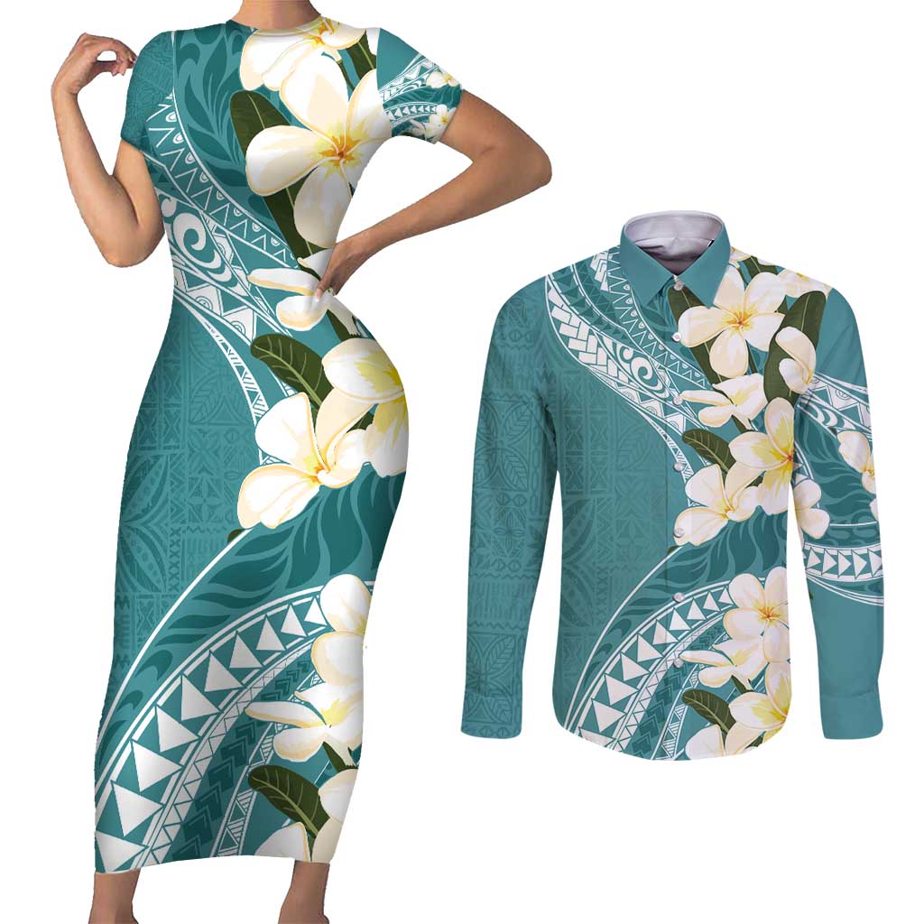 Aloha Hawaii Festive Couples Matching Short Sleeve Bodycon Dress and Long Sleeve Button Shirt Frangipani Lace Classic - Teal
