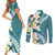 Aloha Hawaii Festive Couples Matching Short Sleeve Bodycon Dress and Long Sleeve Button Shirt Frangipani Lace Classic - Teal