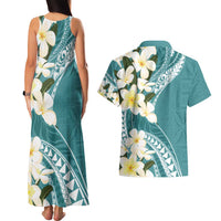 Aloha Hawaii Festive Couples Matching Tank Maxi Dress and Hawaiian Shirt Frangipani Lace Classic - Teal