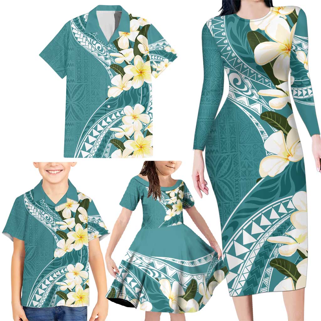 Aloha Hawaii Festive Family Matching Long Sleeve Bodycon Dress and Hawaiian Shirt Frangipani Lace Classic - Teal LT7 - Polynesian Pride