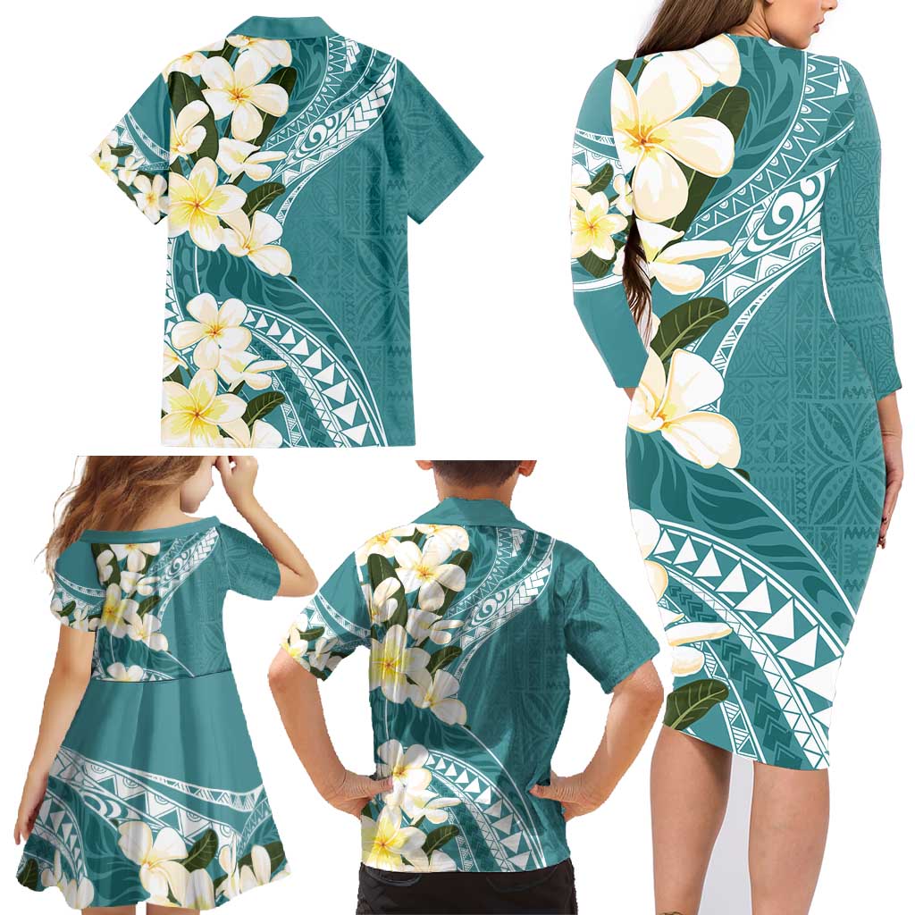 Aloha Hawaii Festive Family Matching Long Sleeve Bodycon Dress and Hawaiian Shirt Frangipani Lace Classic - Teal LT7 - Polynesian Pride