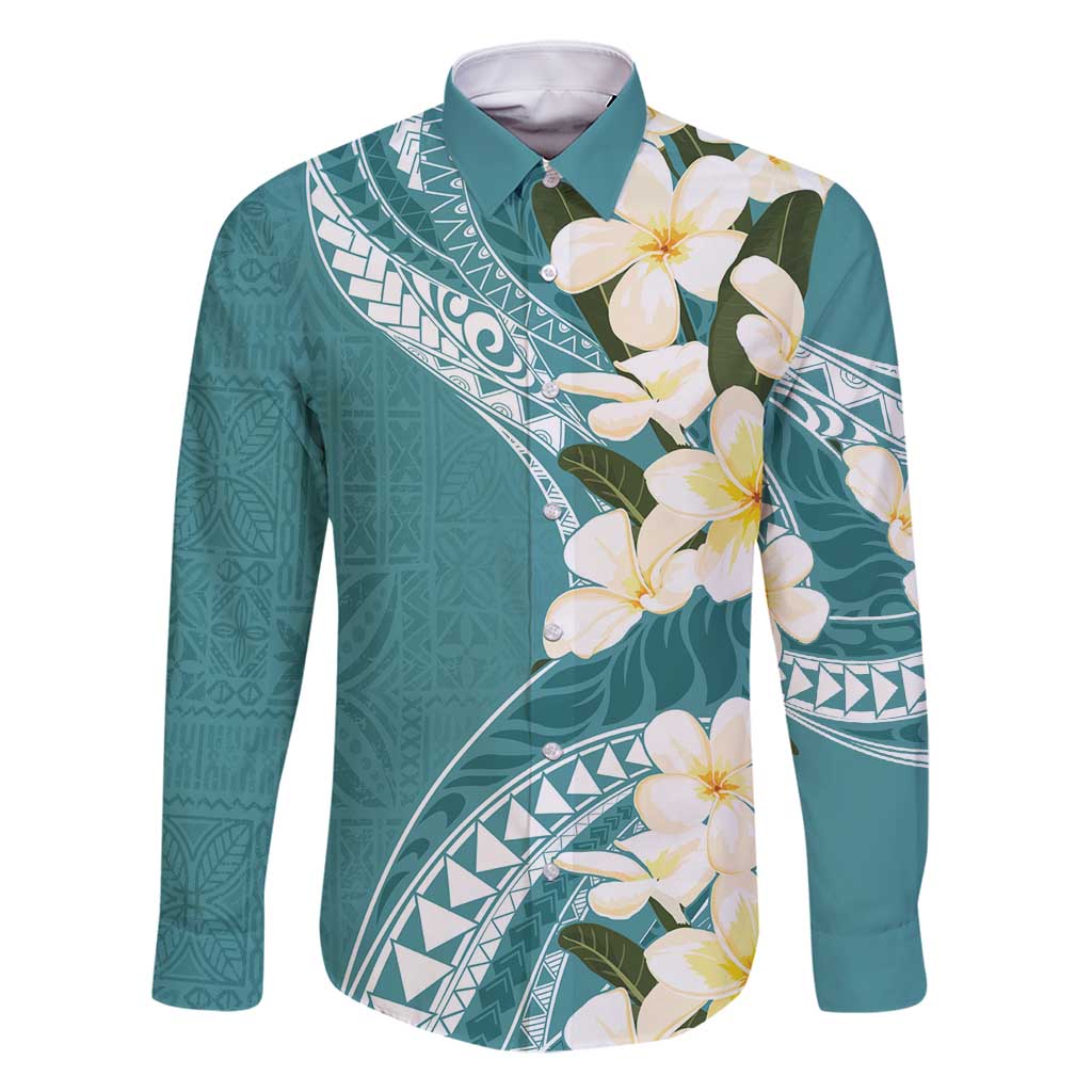Aloha Hawaii Festive Family Matching Long Sleeve Bodycon Dress and Hawaiian Shirt Frangipani Lace Classic - Teal LT7 Dad's Shirt - Long Sleeve Teal - Polynesian Pride
