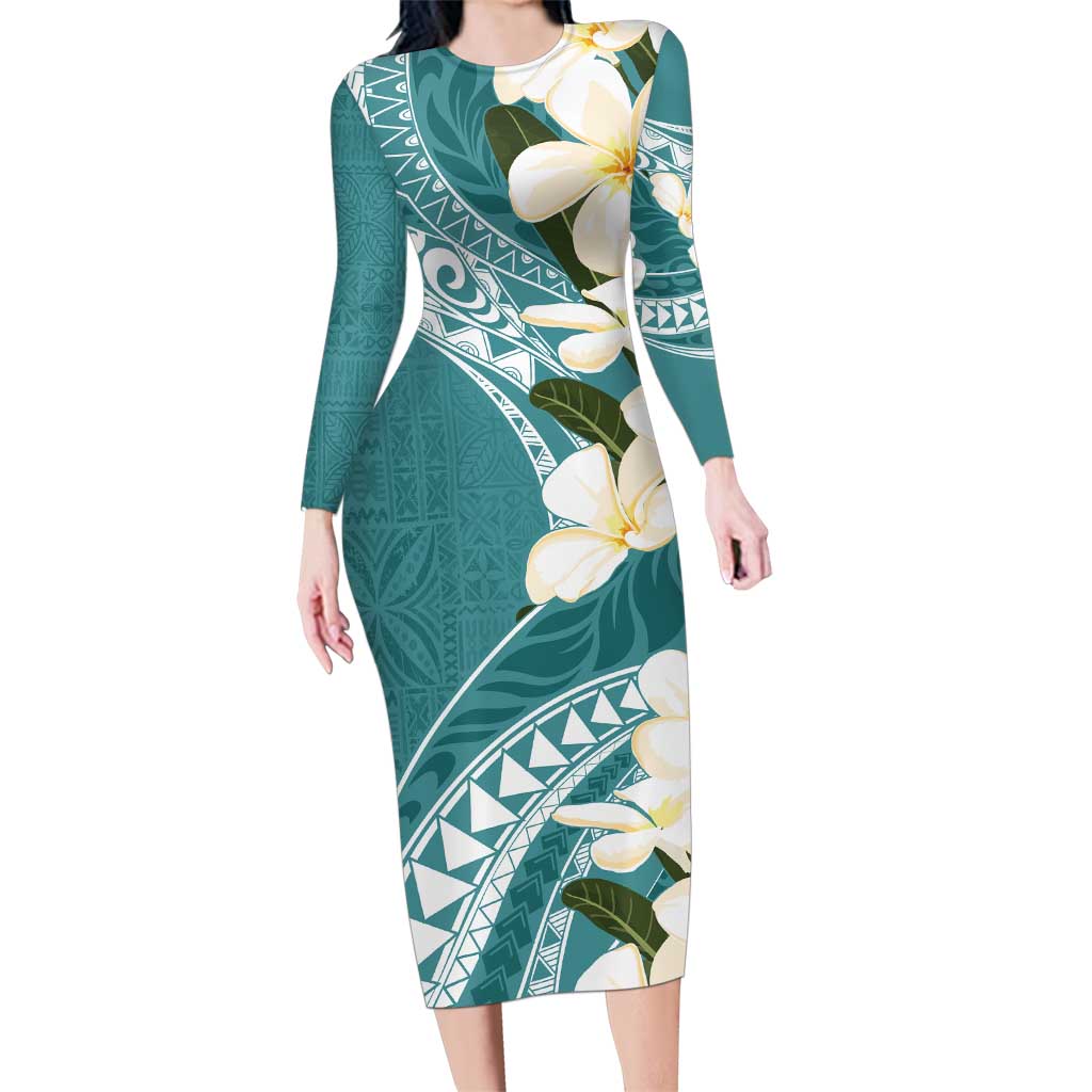 Aloha Hawaii Festive Family Matching Long Sleeve Bodycon Dress and Hawaiian Shirt Frangipani Lace Classic - Teal LT7 Mom's Dress Teal - Polynesian Pride