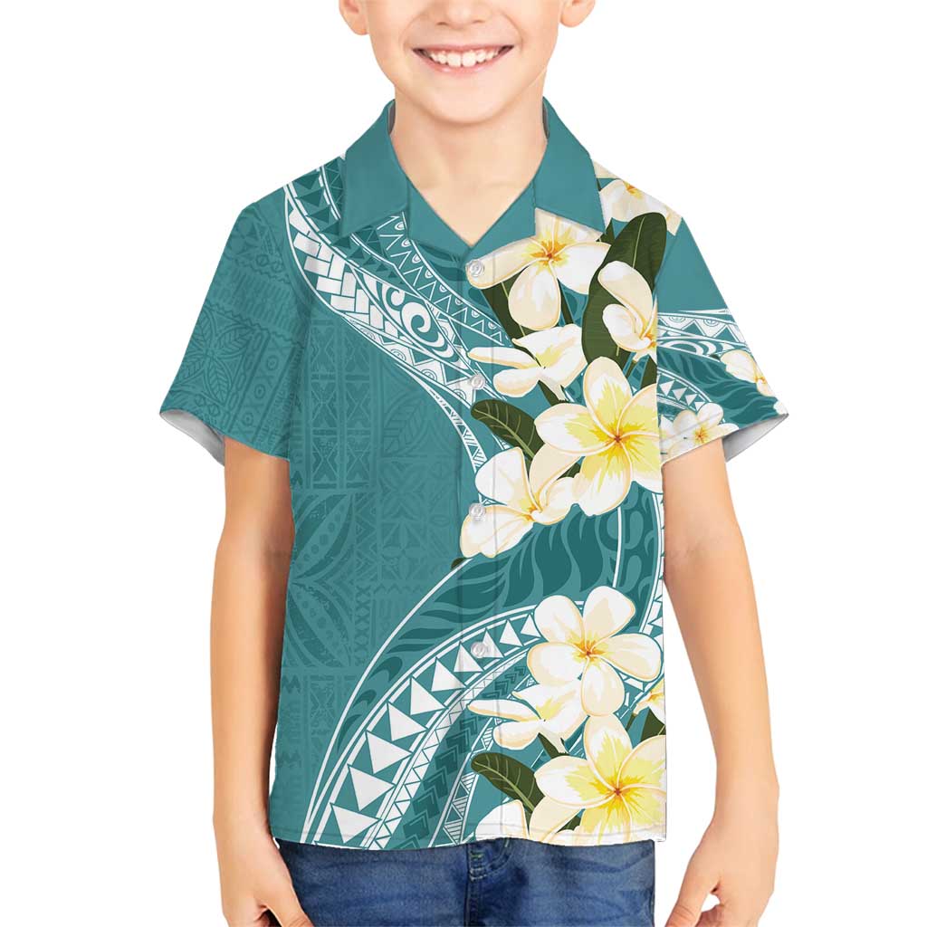 Aloha Hawaii Festive Family Matching Long Sleeve Bodycon Dress and Hawaiian Shirt Frangipani Lace Classic - Teal LT7 Son's Shirt Teal - Polynesian Pride