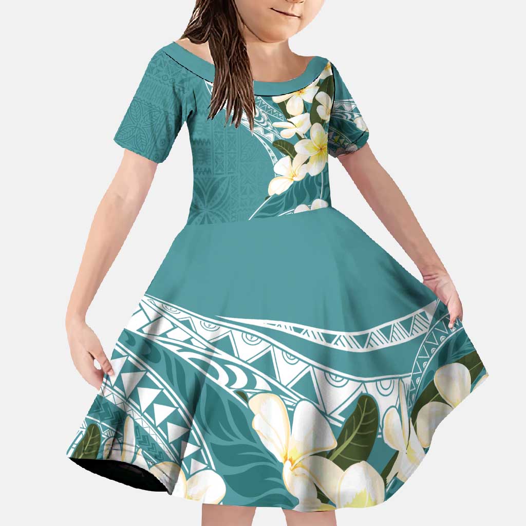 Aloha Hawaii Festive Family Matching Mermaid Dress and Hawaiian Shirt Frangipani Lace Classic - Teal LT7 Daughter's Dress Teal - Polynesian Pride