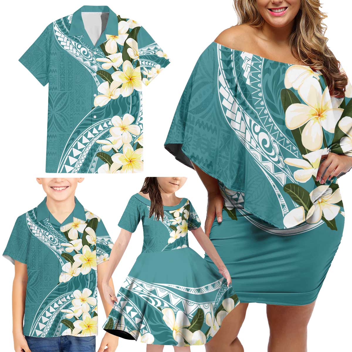 Aloha Hawaii Festive Family Matching Off Shoulder Short Dress and Hawaiian Shirt Frangipani Lace Classic - Teal