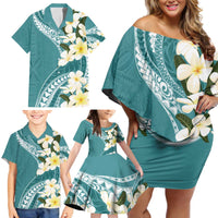Aloha Hawaii Festive Family Matching Off Shoulder Short Dress and Hawaiian Shirt Frangipani Lace Classic - Teal