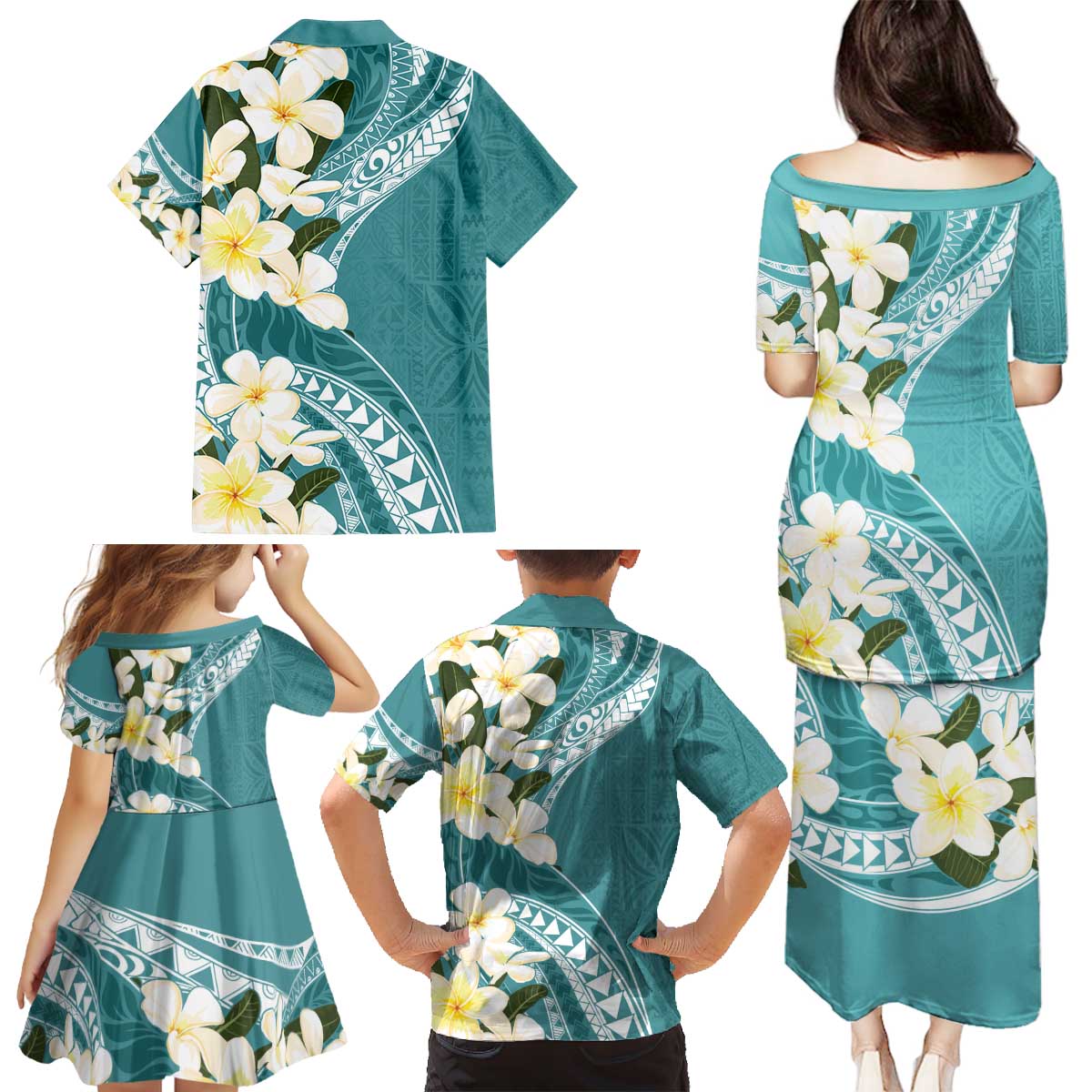 Aloha Hawaii Festive Family Matching Puletasi and Hawaiian Shirt Frangipani Lace Classic - Teal LT7 - Polynesian Pride
