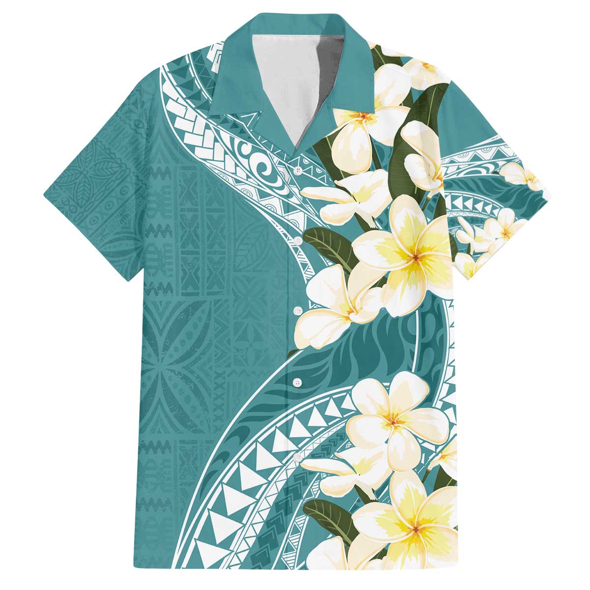Aloha Hawaii Festive Family Matching Puletasi and Hawaiian Shirt Frangipani Lace Classic - Teal LT7 Dad's Shirt - Short Sleeve Teal - Polynesian Pride