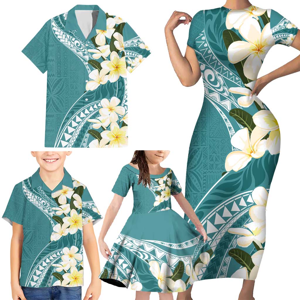 Aloha Hawaii Festive Family Matching Short Sleeve Bodycon Dress and Hawaiian Shirt Frangipani Lace Classic - Teal LT7 - Polynesian Pride