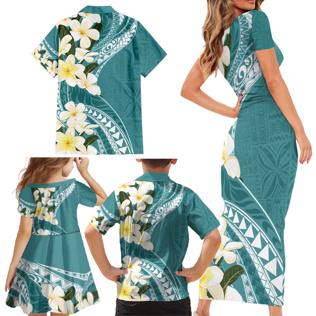 Aloha Hawaii Festive Family Matching Short Sleeve Bodycon Dress and Hawaiian Shirt Frangipani Lace Classic - Teal LT7 - Polynesian Pride