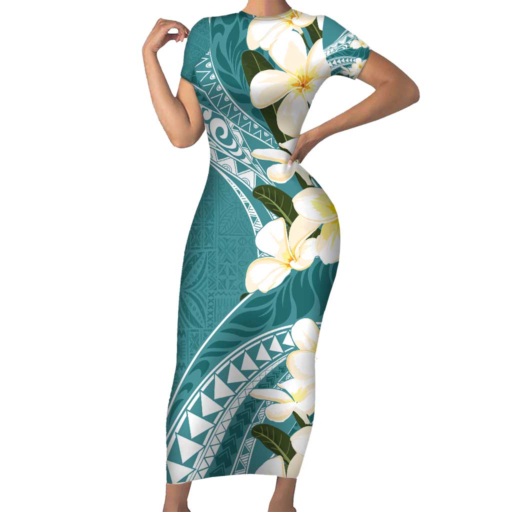 Aloha Hawaii Festive Family Matching Short Sleeve Bodycon Dress and Hawaiian Shirt Frangipani Lace Classic - Teal LT7 Mom's Dress Teal - Polynesian Pride
