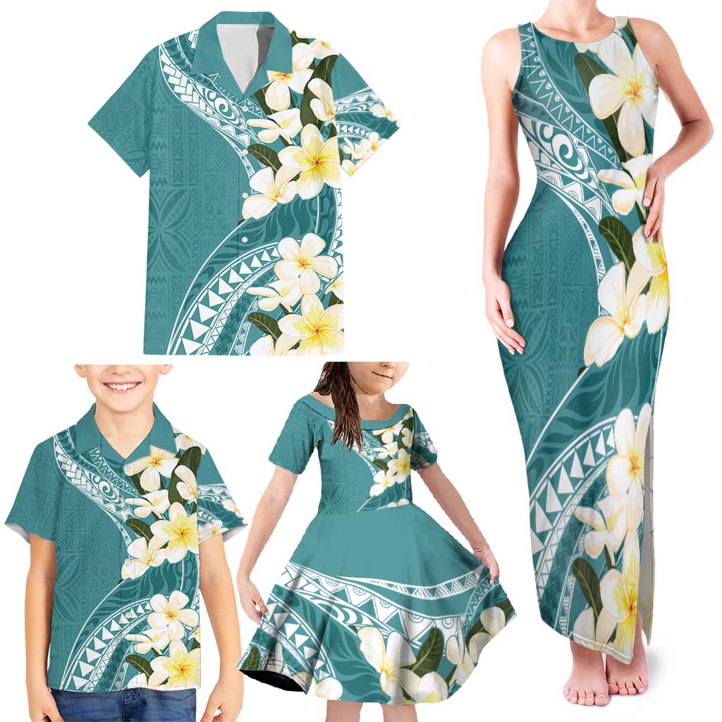 Aloha Hawaii Festive Family Matching Tank Maxi Dress and Hawaiian Shirt Frangipani Lace Classic - Teal