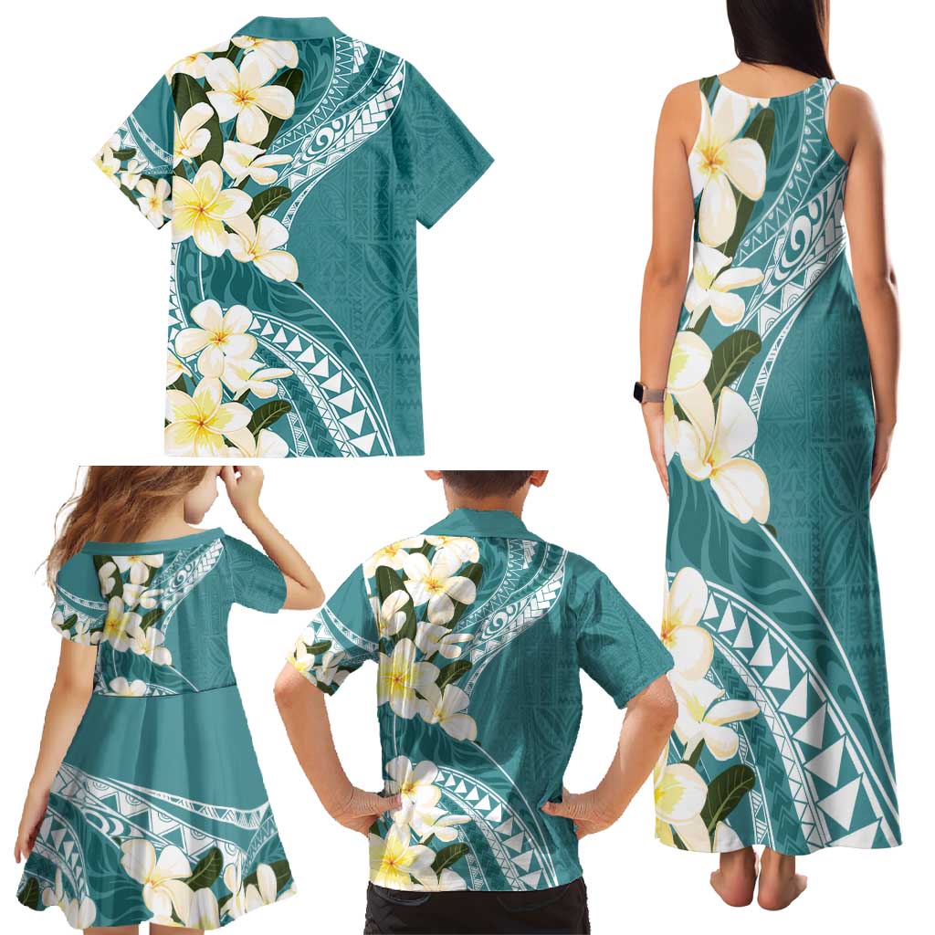Aloha Hawaii Festive Family Matching Tank Maxi Dress and Hawaiian Shirt Frangipani Lace Classic - Teal