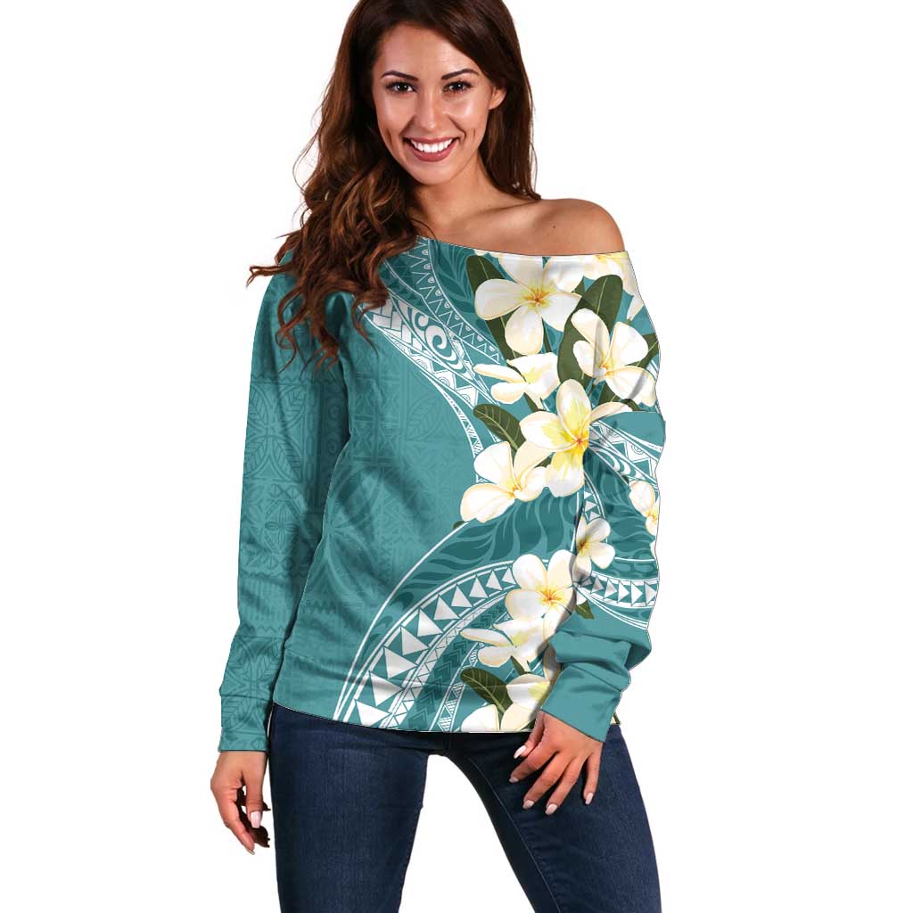 Aloha Hawaii Festive Off Shoulder Sweater Frangipani Lace Classic - Teal