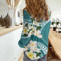 Aloha Hawaii Festive Women Casual Shirt Frangipani Lace Classic - Teal