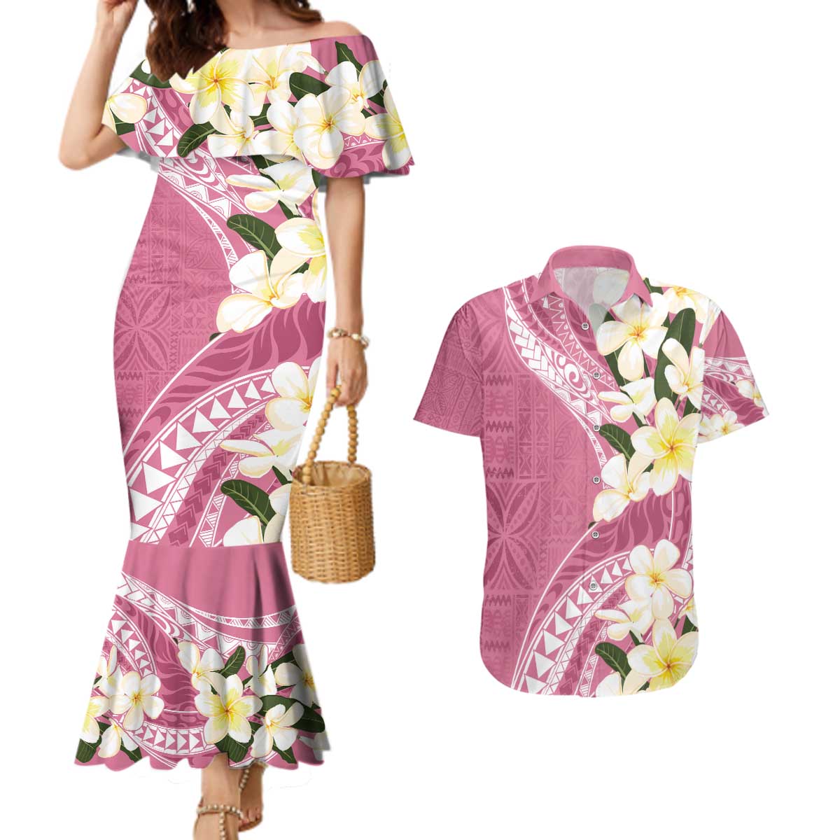 Aloha Hawaii Festive Couples Matching Mermaid Dress and Hawaiian Shirt Frangipani Lace Classic - Rosy LT7 Pink - Polynesian Pride