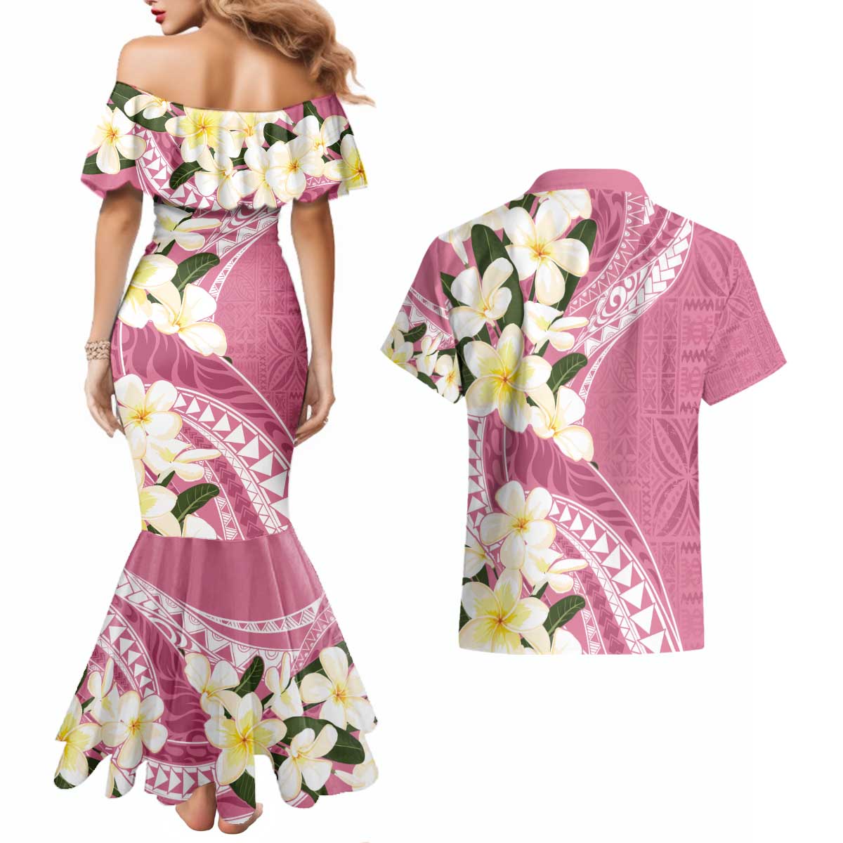 Aloha Hawaii Festive Couples Matching Mermaid Dress and Hawaiian Shirt Frangipani Lace Classic - Rosy LT7 - Polynesian Pride