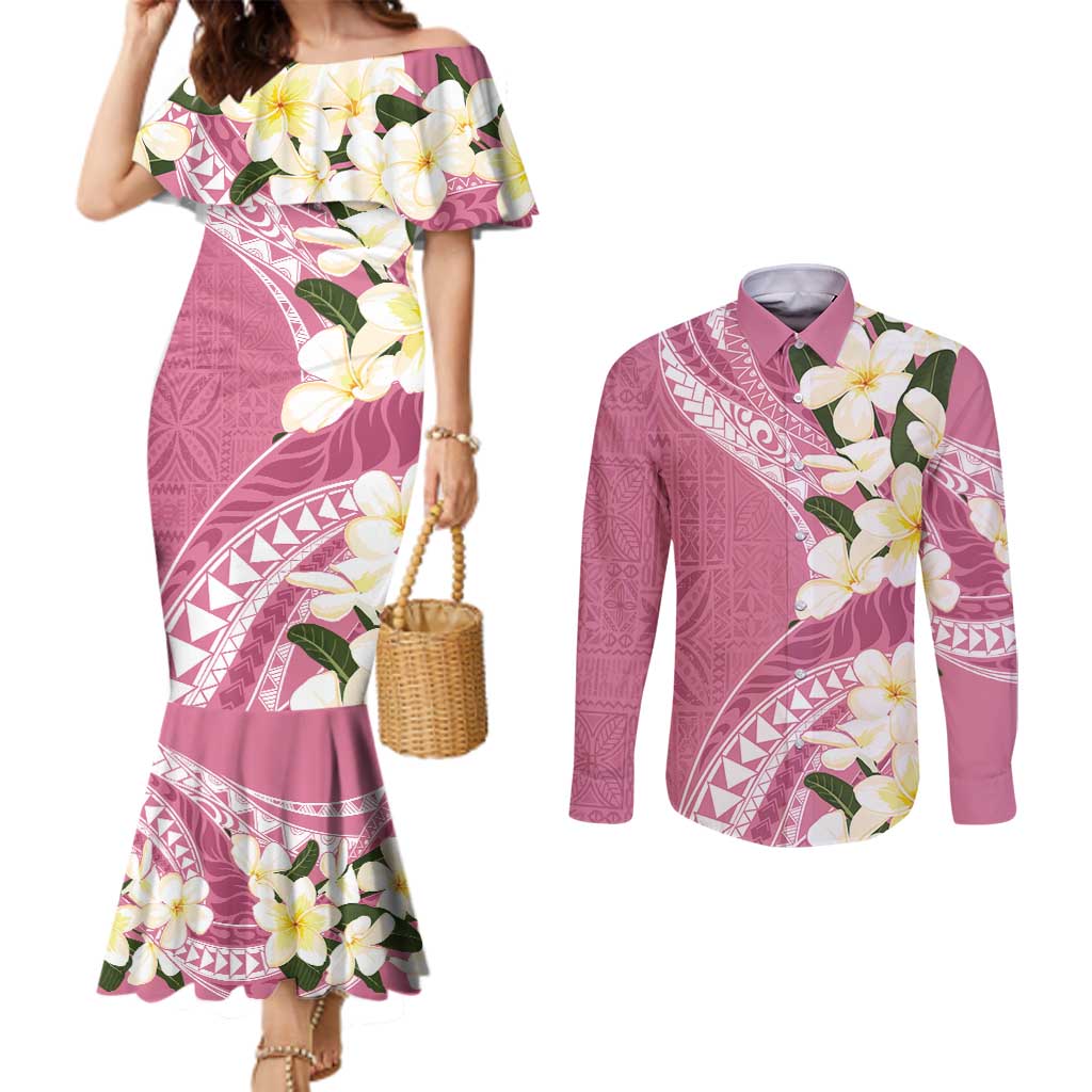 Aloha Hawaii Festive Couples Matching Mermaid Dress and Long Sleeve Button Shirt Frangipani Lace Classic - Rosy LT7 Pink - Polynesian Pride