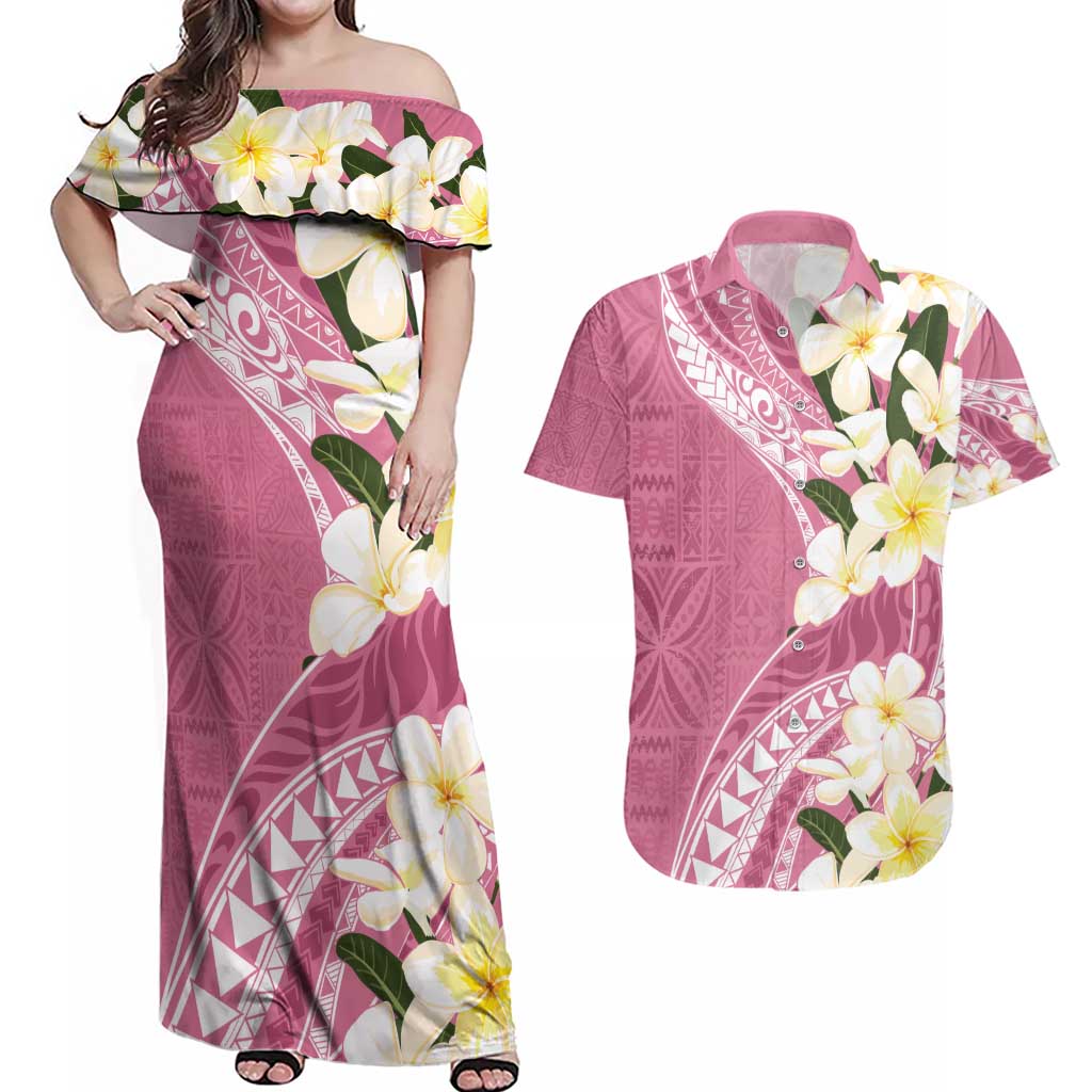 Aloha Hawaii Festive Couples Matching Off Shoulder Maxi Dress and Hawaiian Shirt Frangipani Lace Classic - Rosy