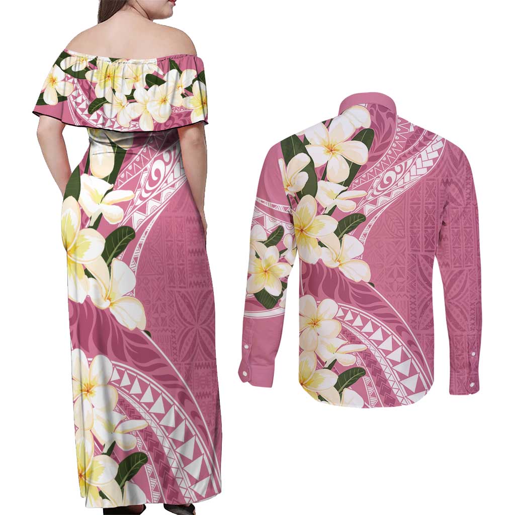 Aloha Hawaii Festive Couples Matching Off Shoulder Maxi Dress and Long Sleeve Button Shirt Frangipani Lace Classic - Rosy