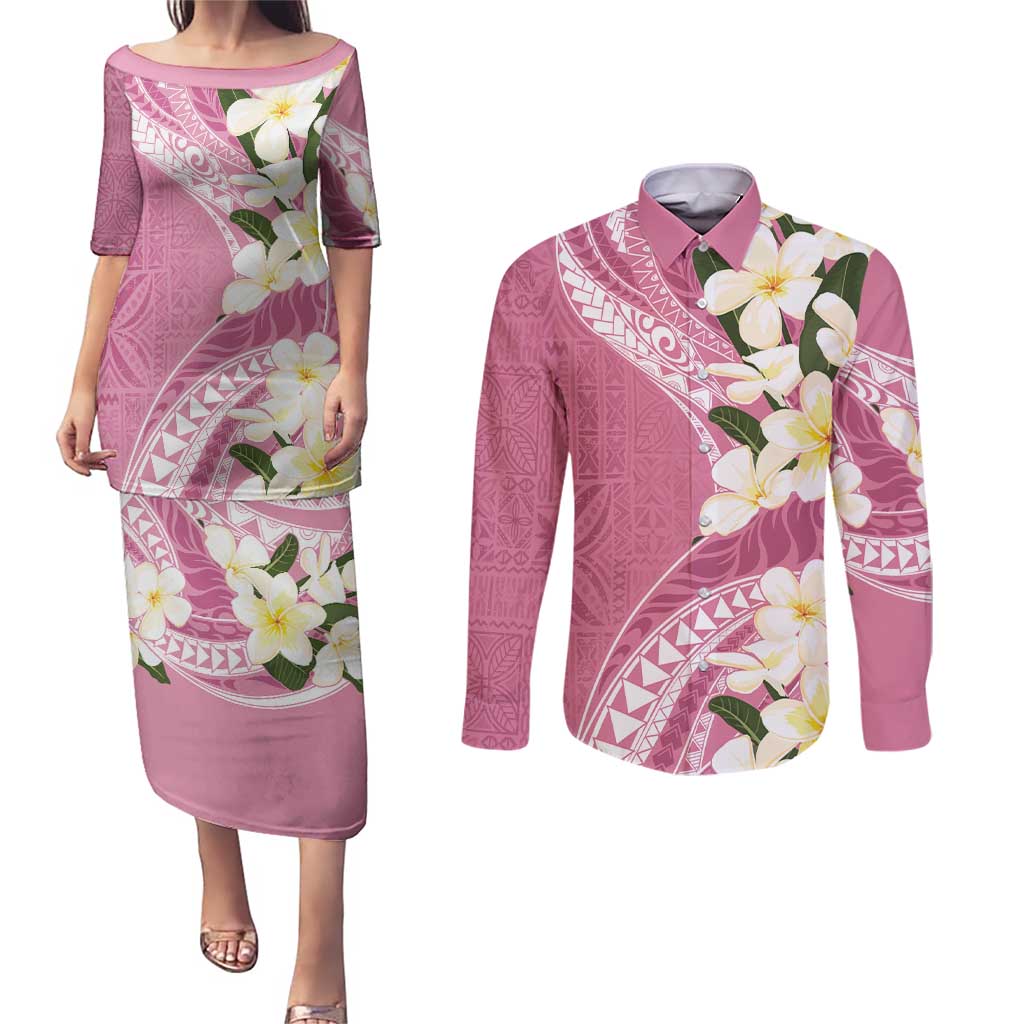 Aloha Hawaii Festive Couples Matching Puletasi and Long Sleeve Button Shirt Frangipani Lace Classic - Rosy