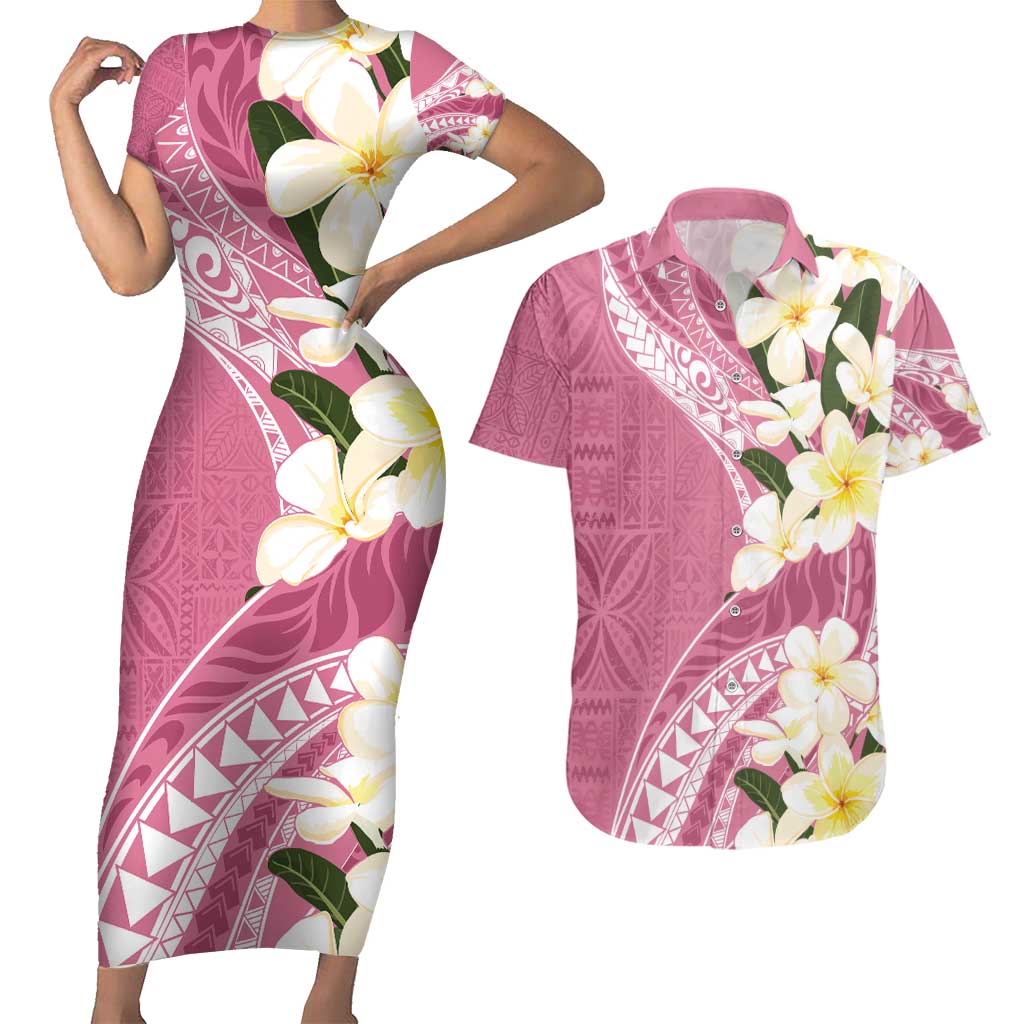 Aloha Hawaii Festive Couples Matching Short Sleeve Bodycon Dress and Hawaiian Shirt Frangipani Lace Classic - Rosy