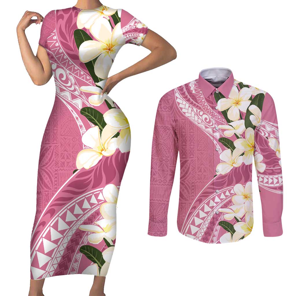 Aloha Hawaii Festive Couples Matching Short Sleeve Bodycon Dress and Long Sleeve Button Shirt Frangipani Lace Classic - Rosy