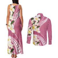 Aloha Hawaii Festive Couples Matching Tank Maxi Dress and Long Sleeve Button Shirt Frangipani Lace Classic - Rosy