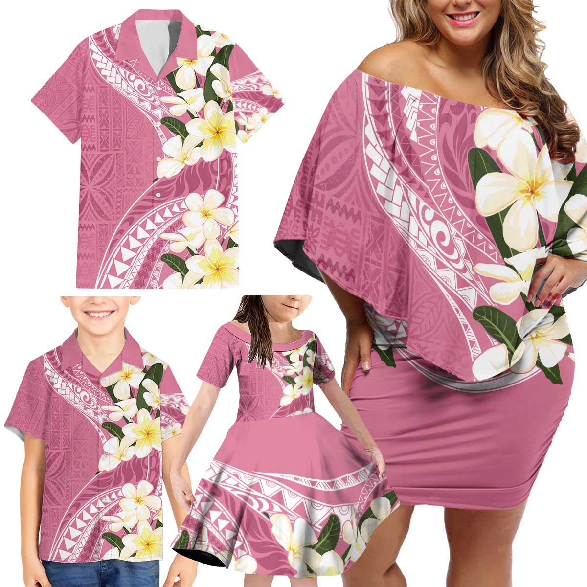 Aloha Hawaii Festive Family Matching Off Shoulder Short Dress and Hawaiian Shirt Frangipani Lace Classic - Rosy