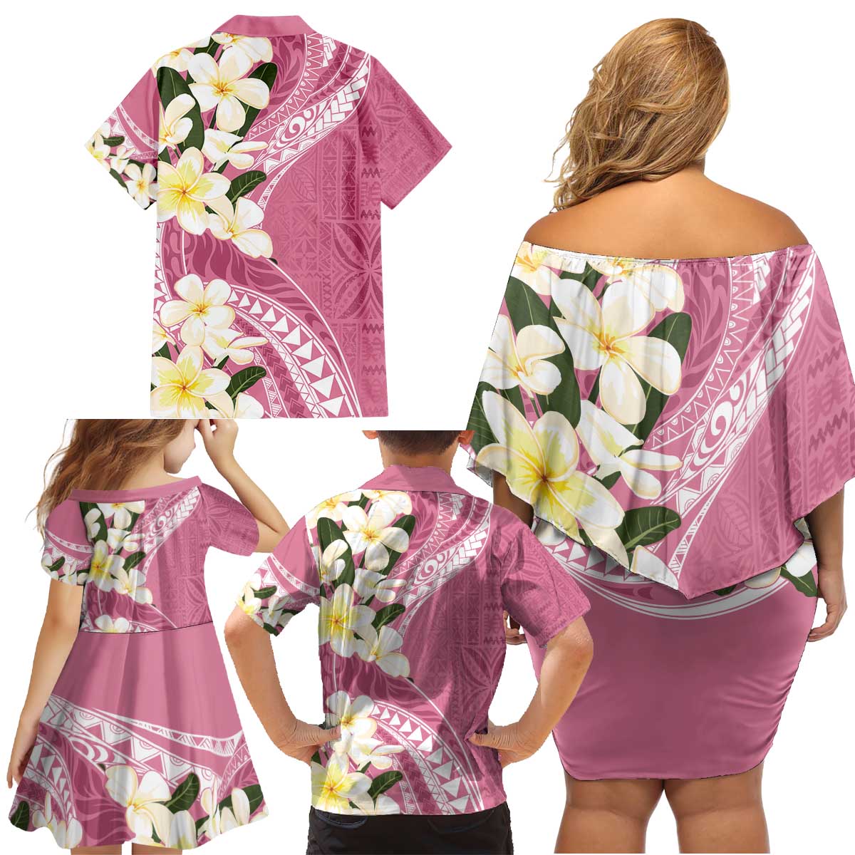 Aloha Hawaii Festive Family Matching Off Shoulder Short Dress and Hawaiian Shirt Frangipani Lace Classic - Rosy