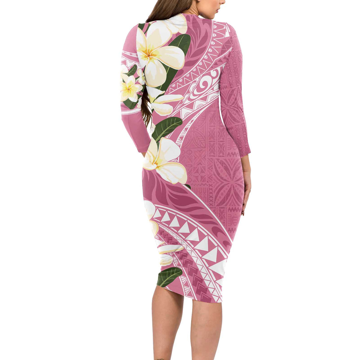 Aloha Hawaii Festive Long Sleeve Bodycon Dress Frangipani Lace Classic - Rosy