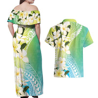 Aloha Hawaii Festive Couples Matching Off Shoulder Maxi Dress and Hawaiian Shirt Frangipani Lace Classic - Summer Vibes