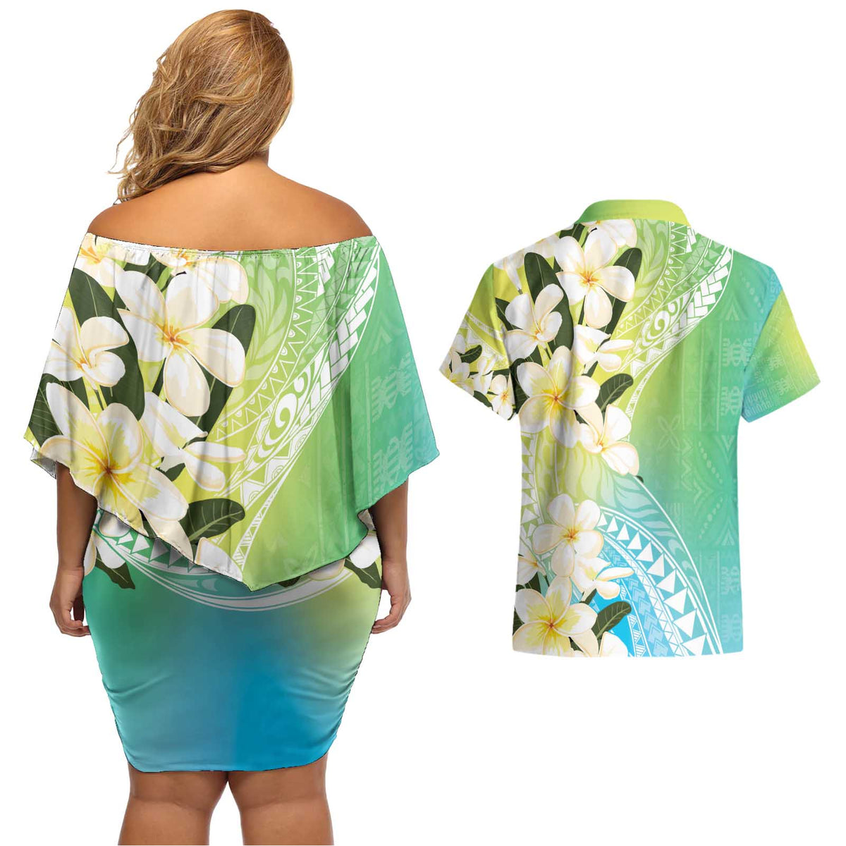 Aloha Hawaii Festive Couples Matching Off Shoulder Short Dress and Hawaiian Shirt Frangipani Lace Classic - Summer Vibes