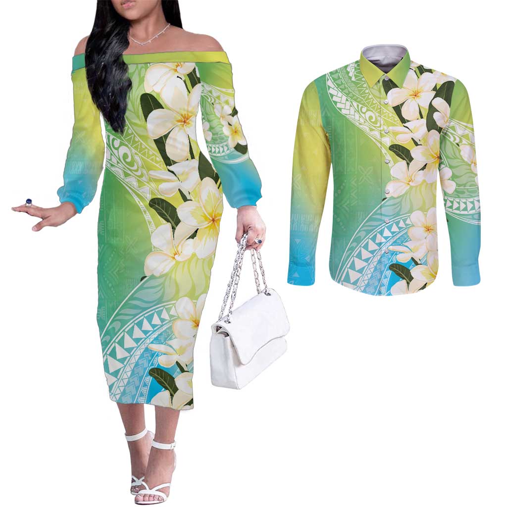 Aloha Hawaii Festive Couples Matching Off The Shoulder Long Sleeve Dress and Long Sleeve Button Shirt Frangipani Lace Classic - Summer Vibes