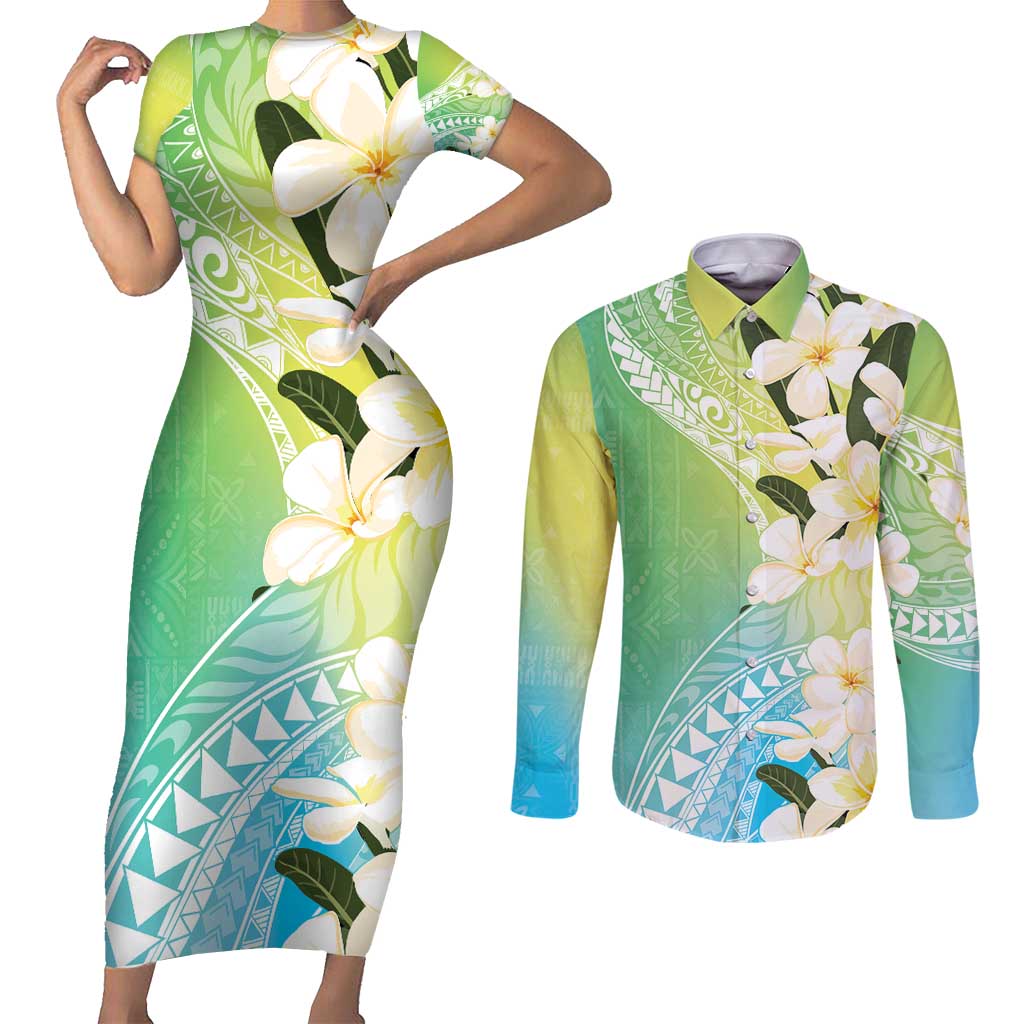 Aloha Hawaii Festive Couples Matching Short Sleeve Bodycon Dress and Long Sleeve Button Shirt Frangipani Lace Classic - Summer Vibes